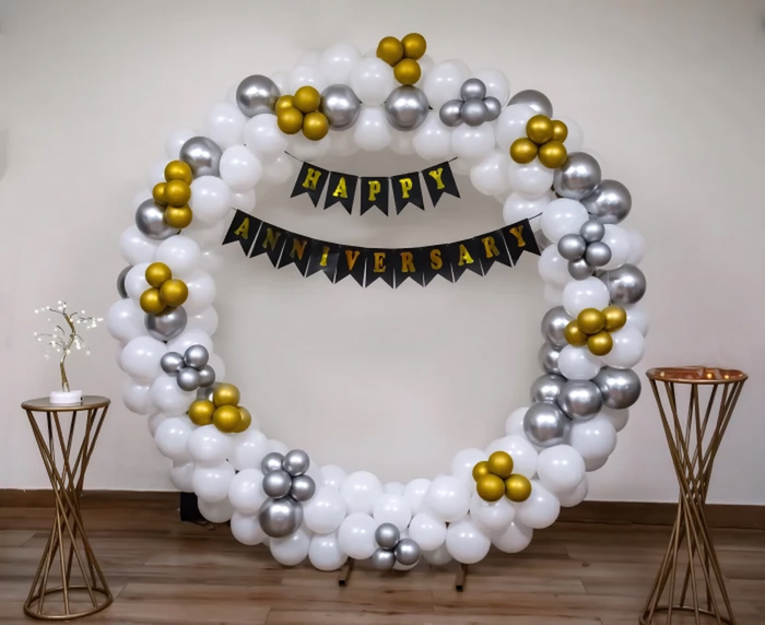White Balloons Anniversary Ring Decoration with Silver and Gold Pop - Hyderabad