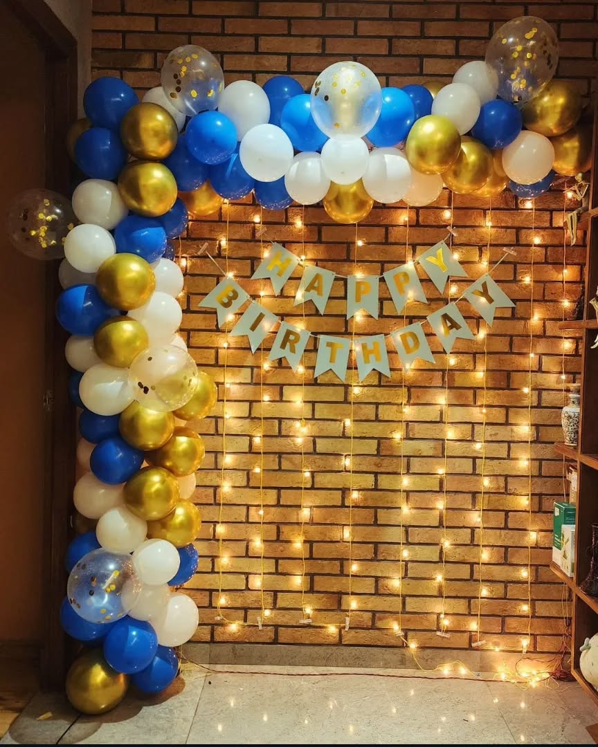 Blue and Gold Balloon Arch with Fairy Lights for Birthday