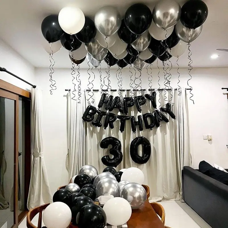 Black and Silver Luxe Minimalist Birthday Decor – Ceiling & Table Styling