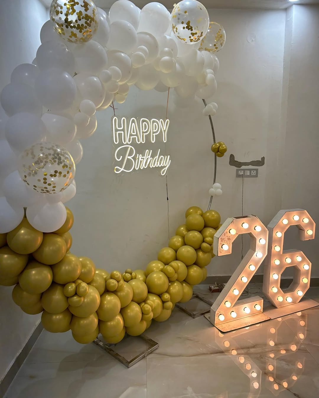 Elegant Gold and White Birthday Balloon Arch