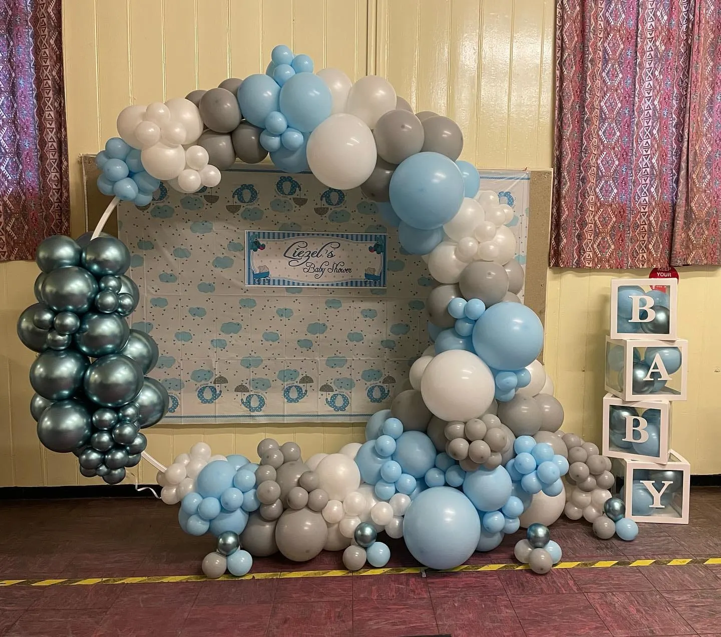 Blue and Silver Baby Shower Balloon Arch