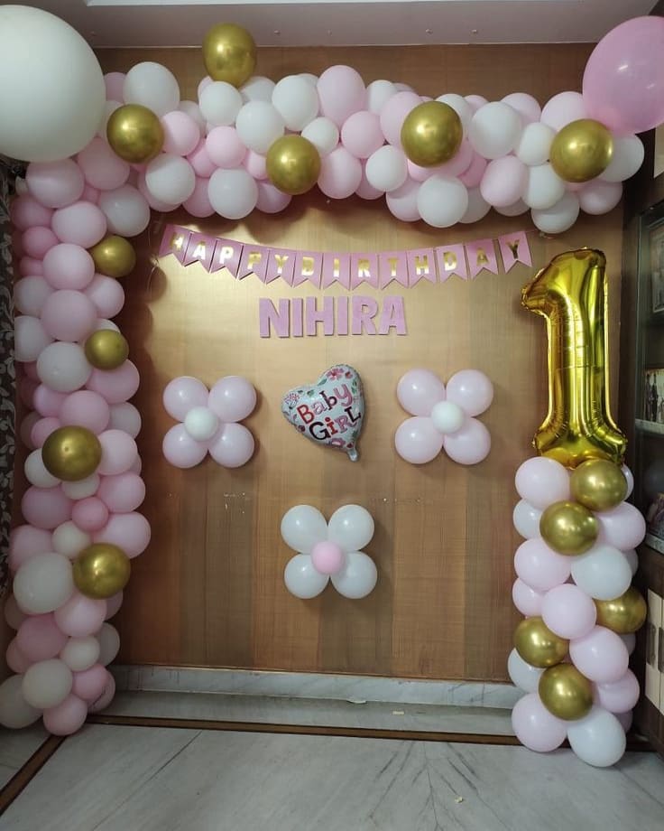 Pink and Gold Baby Girl Birthday Balloon Backdrop