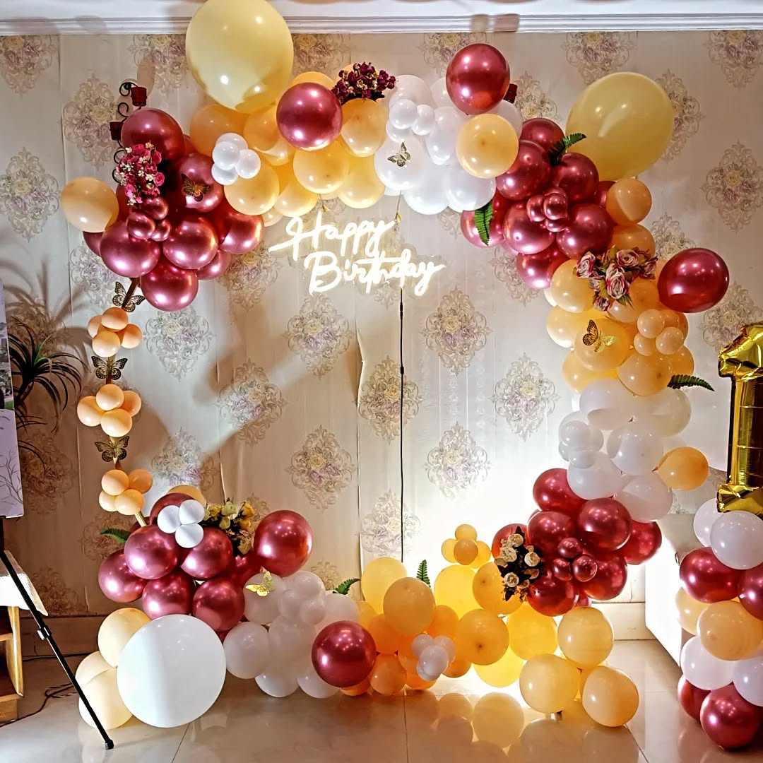 Elegant Gold, White, and Burgundy Birthday Arch
