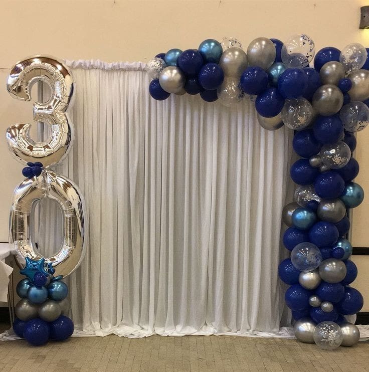 Elegant Blue and Silver 30th Birthday Balloon Backdrop