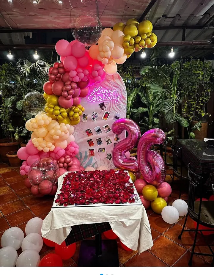 Elegant Birthday Backdrop with Balloon Cascade and Neon Sign